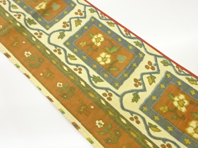 手織り紬縞に短冊・花唐草・動物模様織出し全通洒落袋帯